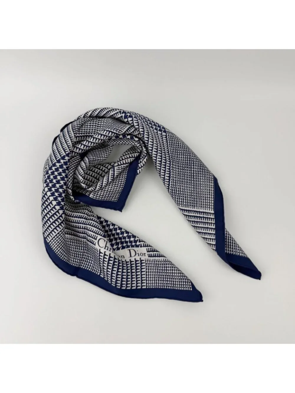 Dior Glen Check Houndstooth Silk Scarf Navy White Vintage - Picture 2 of 7